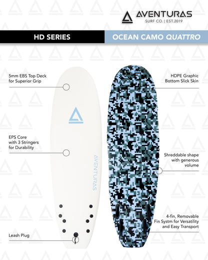 6'6" HD Series Quattro Foam Surfboard, Ocean Camo