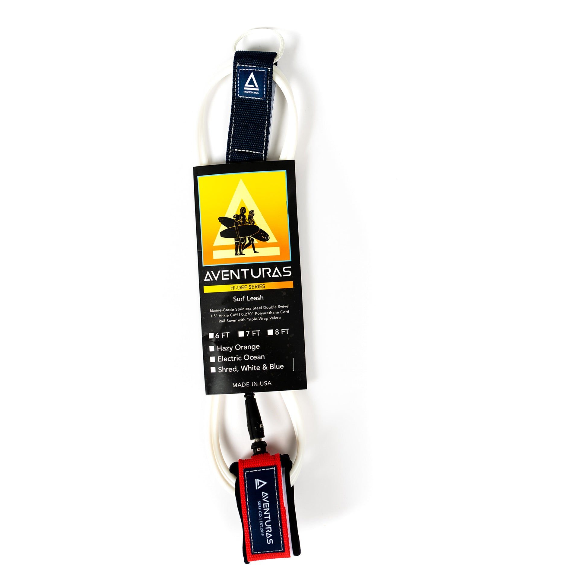 HD Surf Leash, 7 FT, Shred, White & Blue